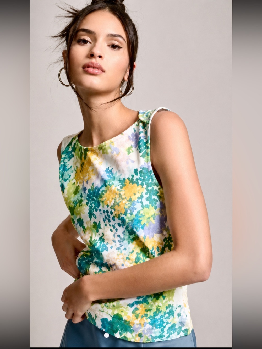 Anthropologie Sleeveless Floral Watercolor Tank - Green, Yellow, Blue